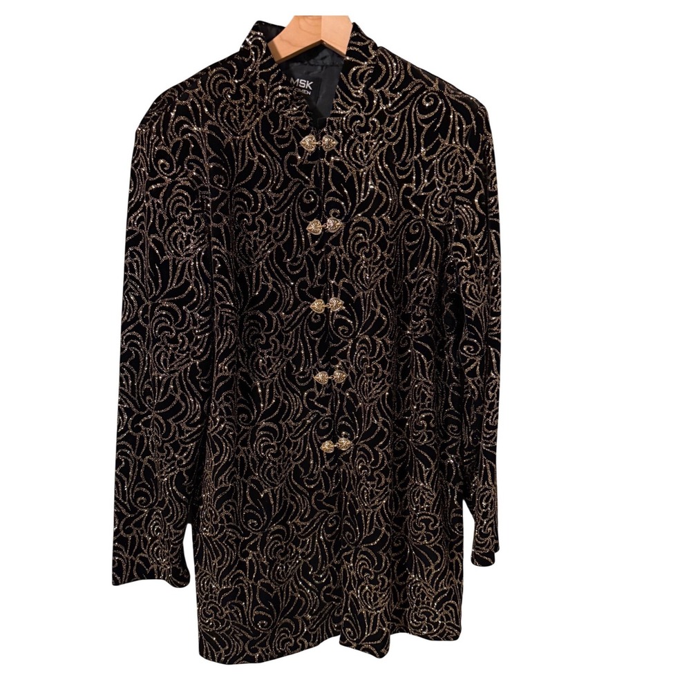MSK Women Plus 1X Black Gold Glitter Velvet Jacket Heart Toggle Mandarin Collar - Picture 2 of 8